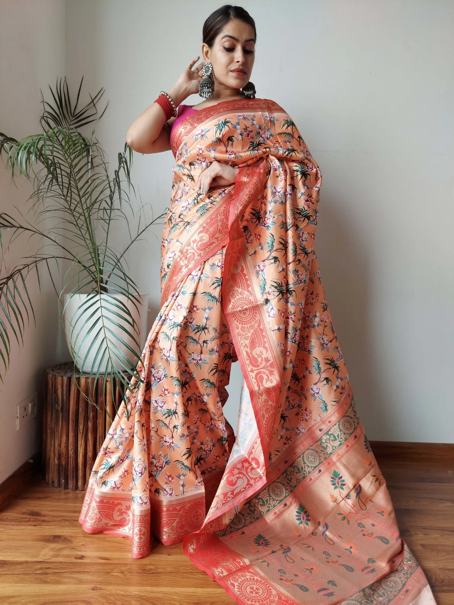 Desert Sand Saree with Floral Print Paithani Silk