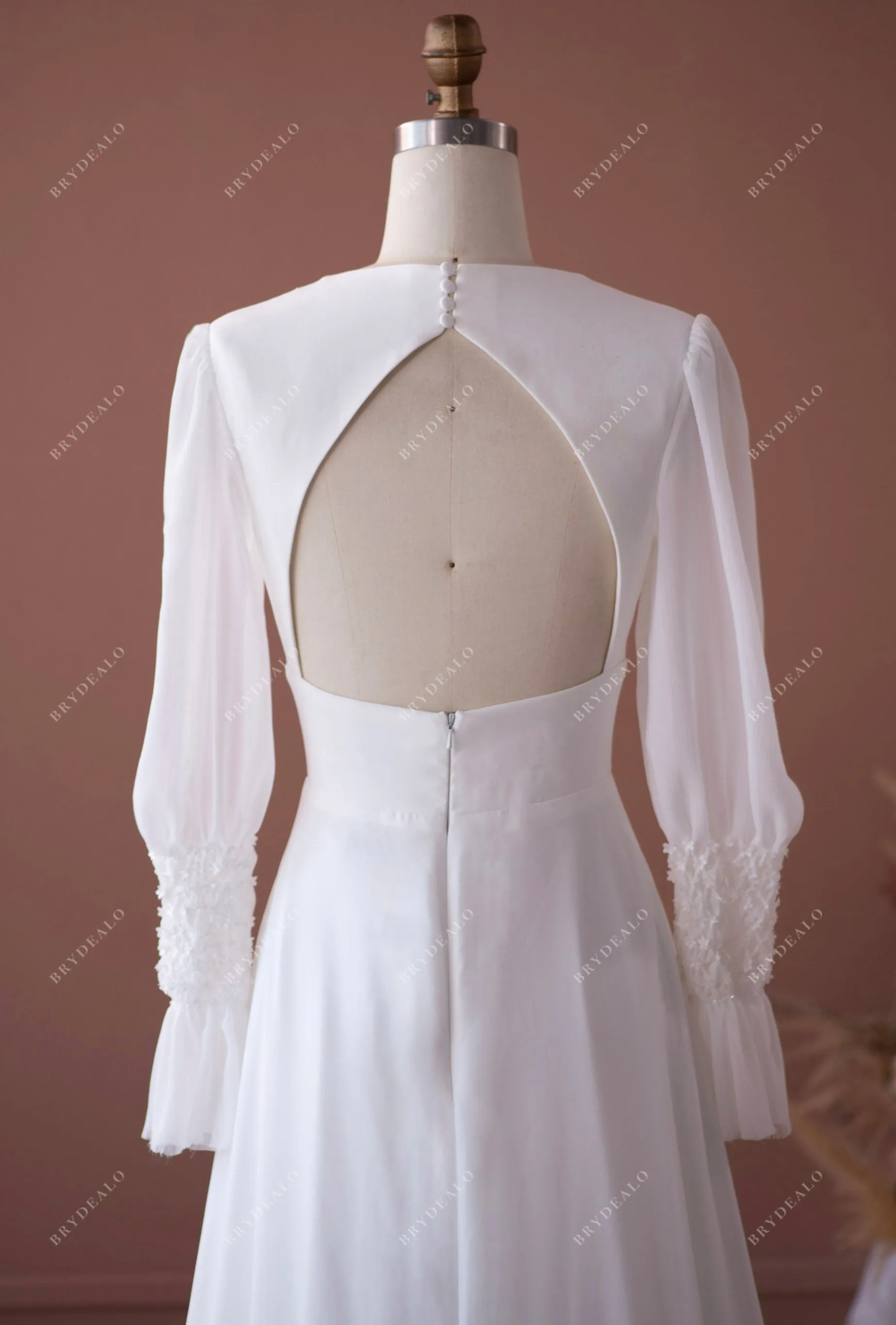 Designer Bubble Sleeve V-neck Vintage Beaded Chiffon Wedding Dress