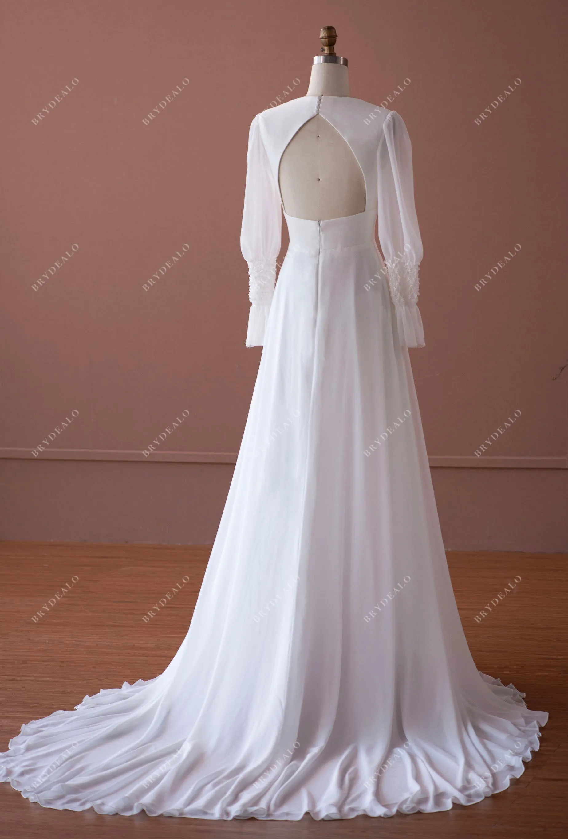 Designer Bubble Sleeve V-neck Vintage Beaded Chiffon Wedding Dress