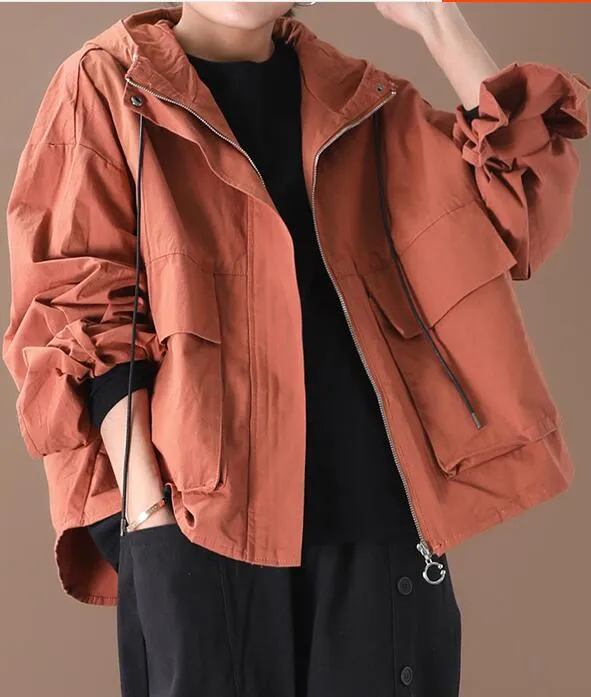 Draw String Hooded Loose Short Casual Coat A line Parka Plus Size Coat Jacket