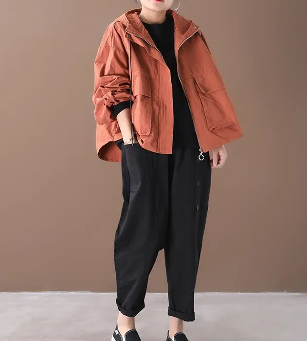 Draw String Hooded Loose Short Casual Coat A line Parka Plus Size Coat Jacket