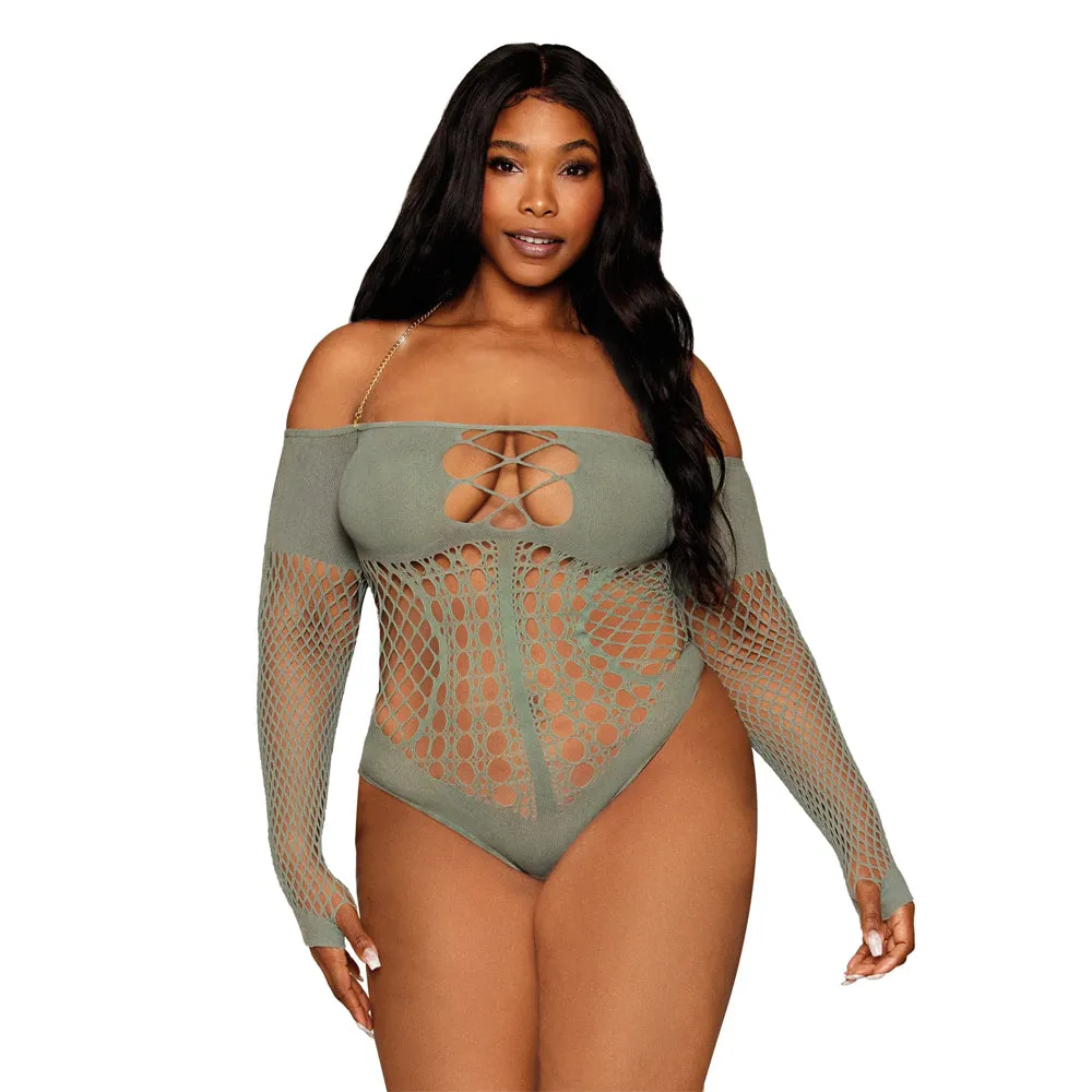 Dreamgirl Plus Size Long Sleeve Teddy Gold Halter Chain 13269X - Sage