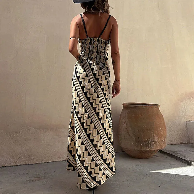 Dress Vintage Pattern Slim V-neck High Bohemian Hollow Summer