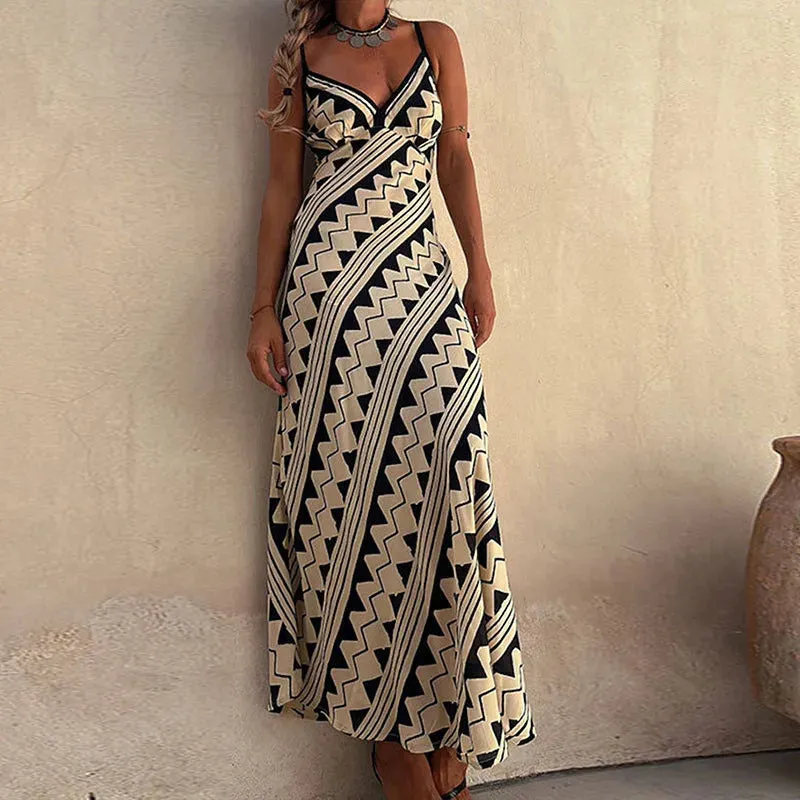 Dress Vintage Pattern Slim V-neck High Bohemian Hollow Summer