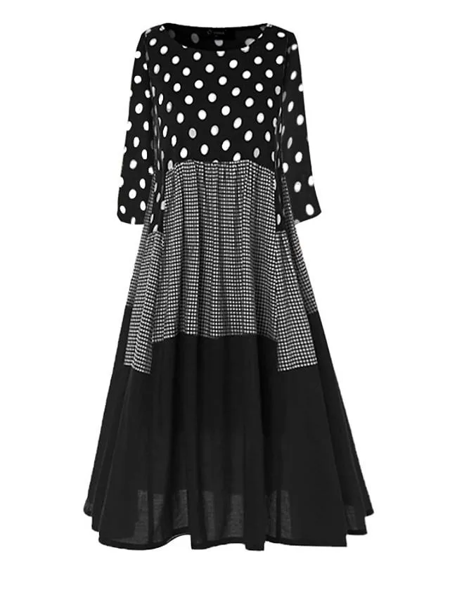 Dunnmall Women's A-Line Dress Maxi long Dress - Long Sleeve Polka Dot Patchwork Print Spring Fall Plus Size Hot Casual Holiday vacation dresses Loose Black Red Yellow M L XL XXL 3XL 4XL 5XL