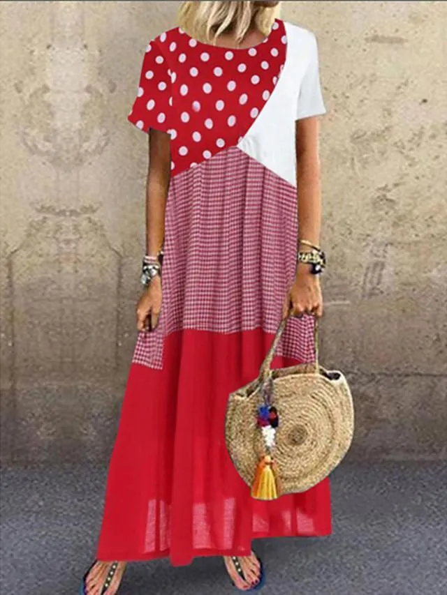 Dunnmall Women's Maxi long Dress Short Sleeve Polka Dot Print Summer Hot Casual Blue Red Yellow Red Combo S M L XL XXL 3XL