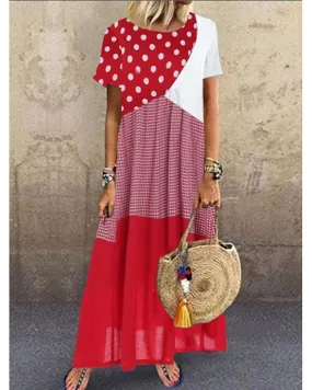 Dunnmall Women's Maxi long Dress Short Sleeve Polka Dot Print Summer Hot Casual Blue Red Yellow Red Combo S M L XL XXL 3XL