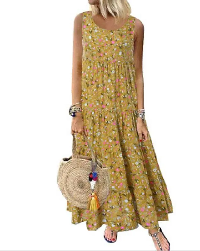 Dunnmall Women's Maxi long Dress - Sleeveless Print Hot Casual Loose Blue Yellow Orange Beige S M L XL XXL 3XL 4XL 5XL