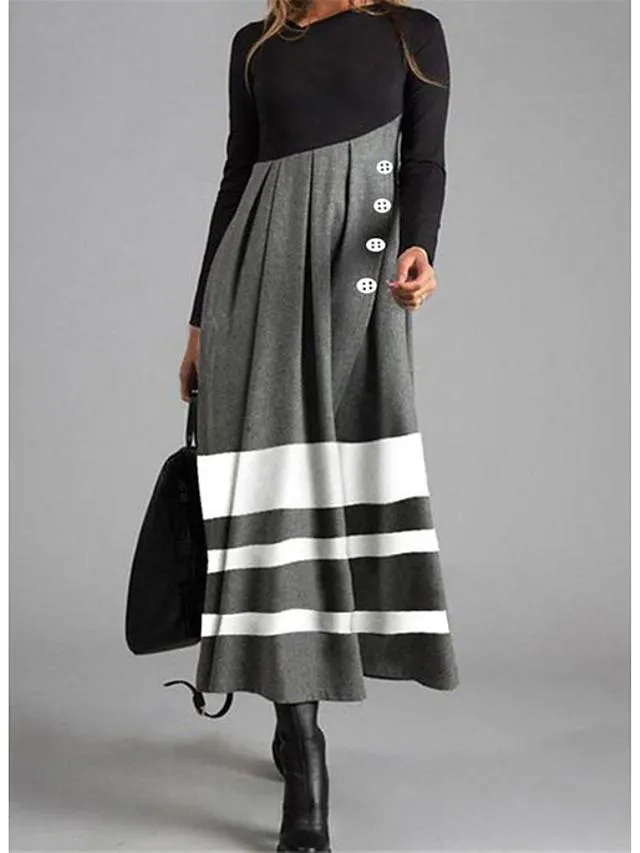 Dunnmall Women's Shift Dress Maxi long Dress Long Sleeve Striped Color Block Button Fall Winter Casual Gray M L XL XXL 3XL