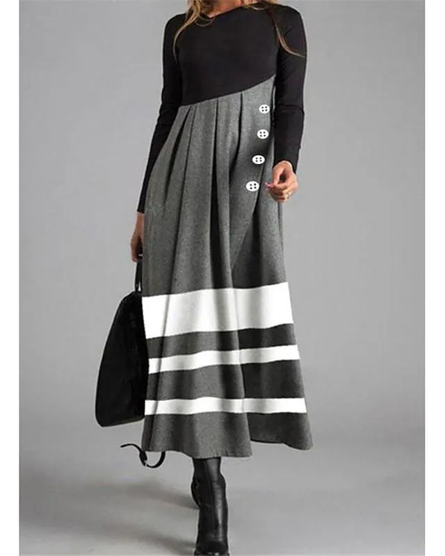 Dunnmall Women's Shift Dress Maxi long Dress Long Sleeve Striped Color Block Button Fall Winter Casual Gray M L XL XXL 3XL