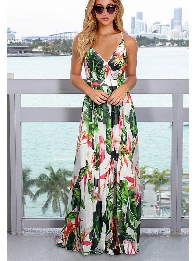 Dunnmall Women's Strap Dress Maxi Long Dress Black Blue Red Green Royal Blue Light Green Light Blue Sleeveless Floral Print Backless Patchwork Print Spring Summer V Neck Elegant Casual Sexy 2021 S M L XL XXL