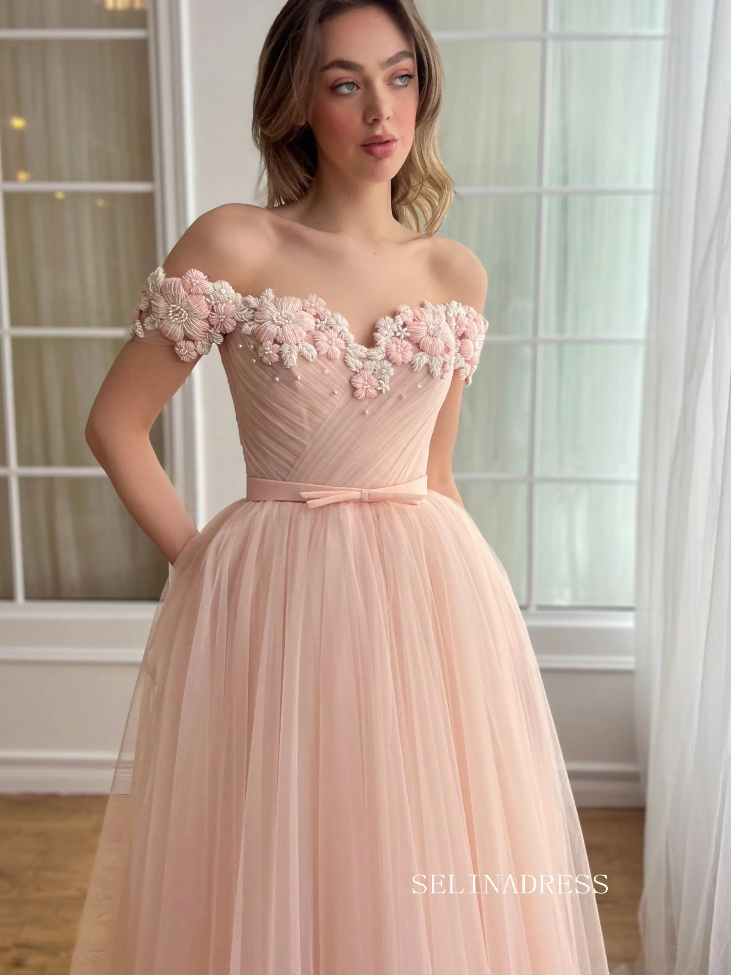 Dusty Pink Off-the-shoulder Midi Prom Dress Beaded Flower Tulle Party Dress JKL3130