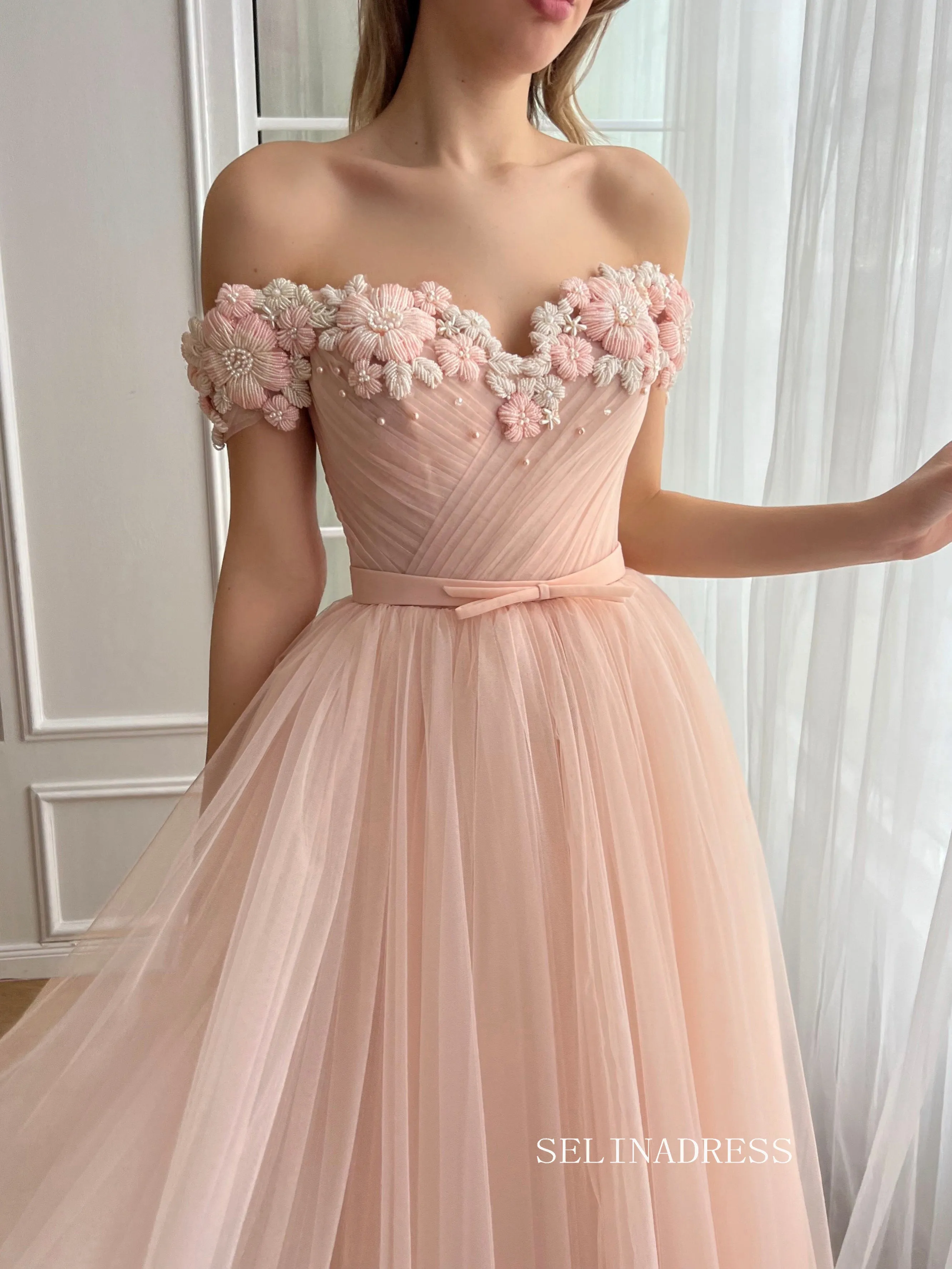 Dusty Pink Off-the-shoulder Midi Prom Dress Beaded Flower Tulle Party Dress JKL3130