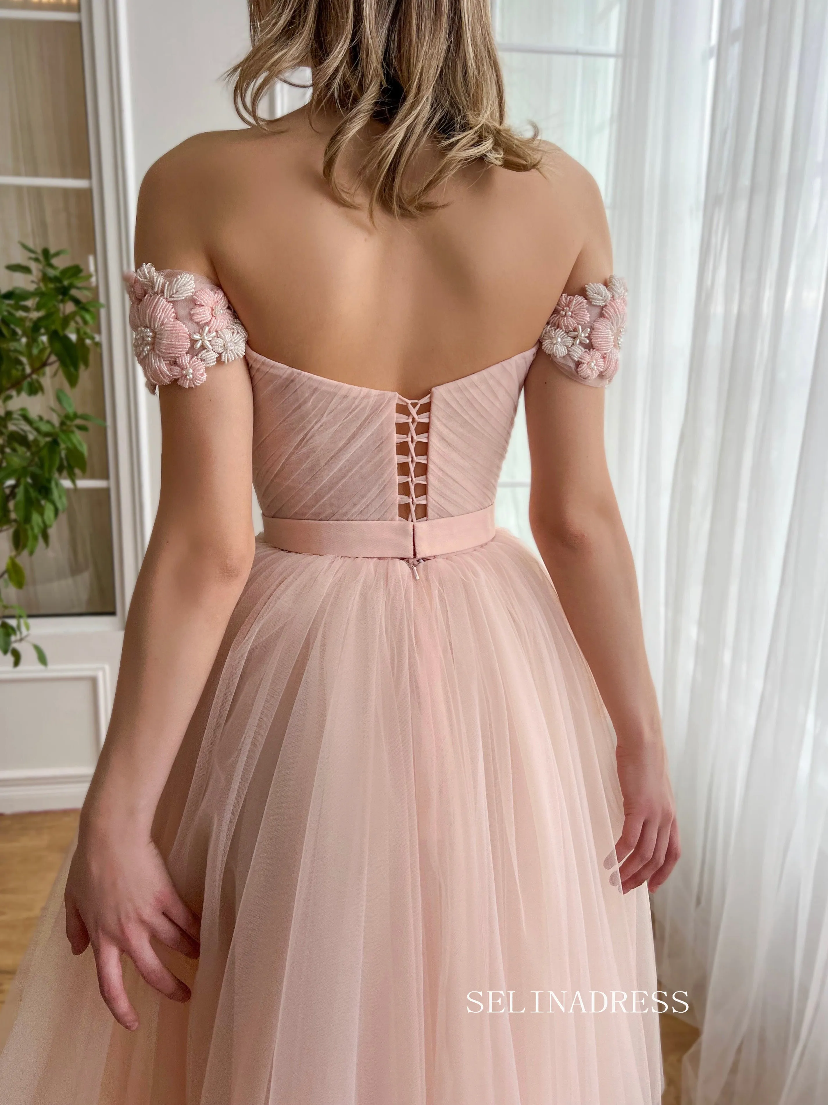 Dusty Pink Off-the-shoulder Midi Prom Dress Beaded Flower Tulle Party Dress JKL3130