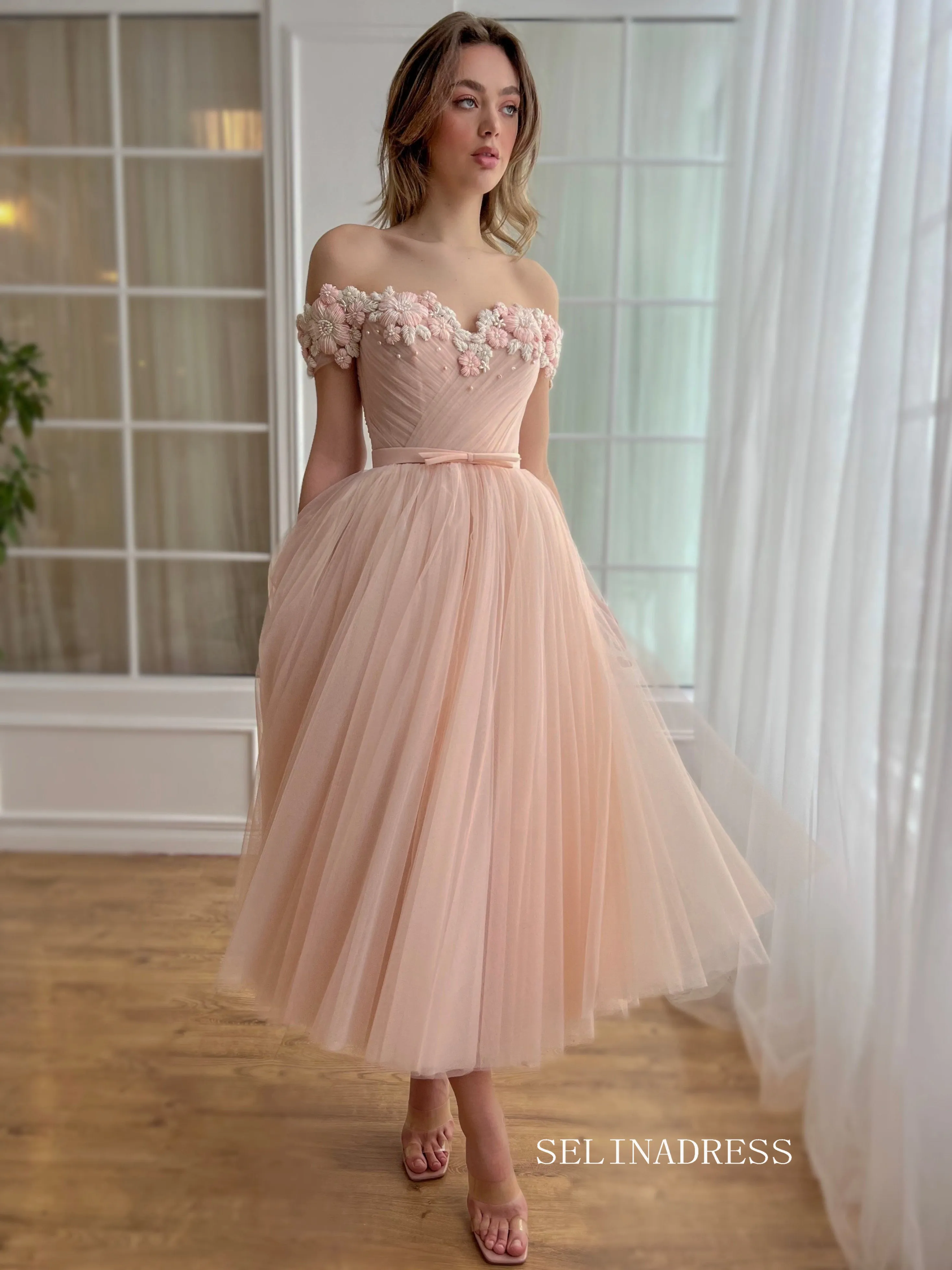 Dusty Pink Off-the-shoulder Midi Prom Dress Beaded Flower Tulle Party Dress JKL3130