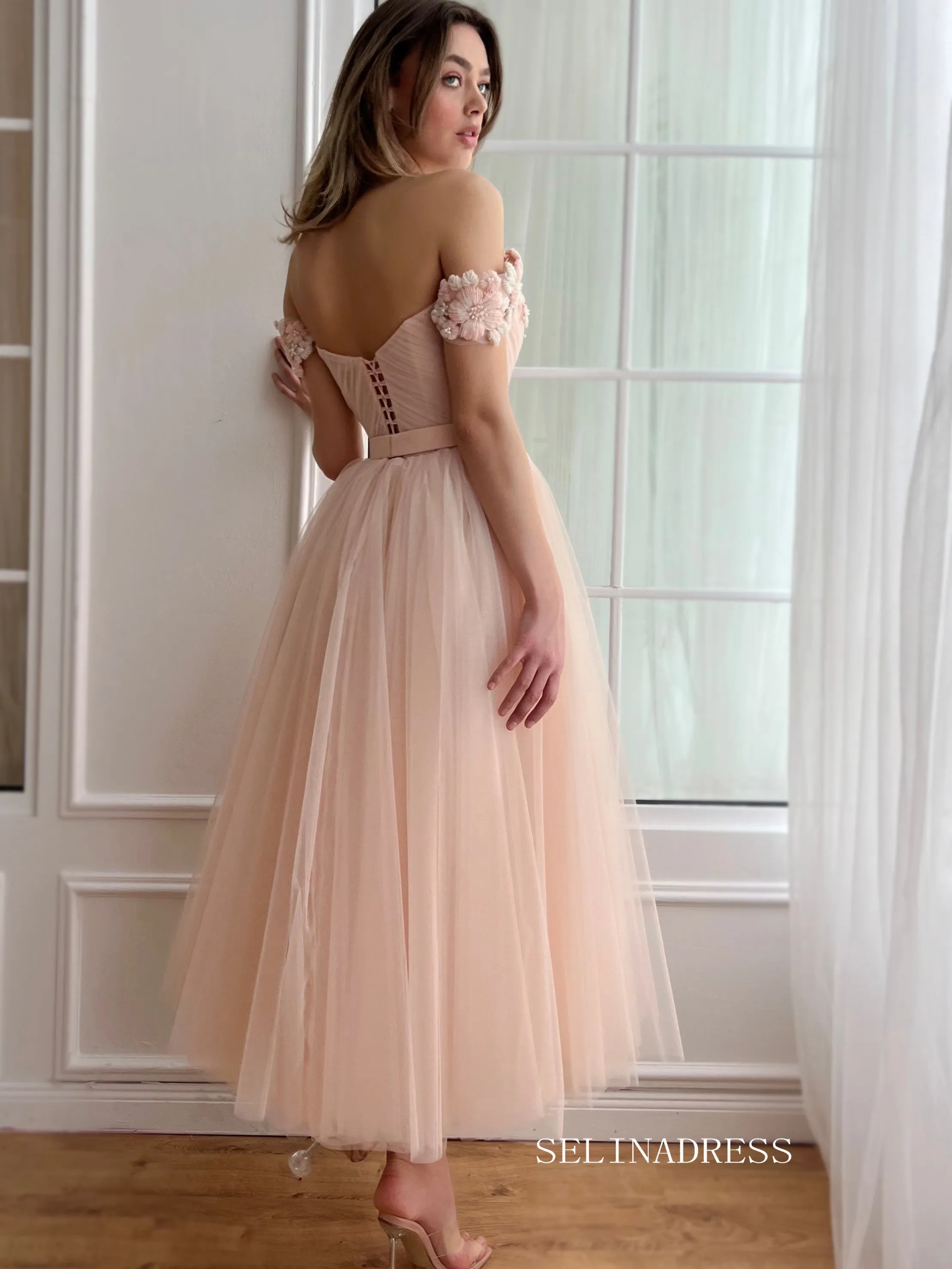 Dusty Pink Off-the-shoulder Midi Prom Dress Beaded Flower Tulle Party Dress JKL3130