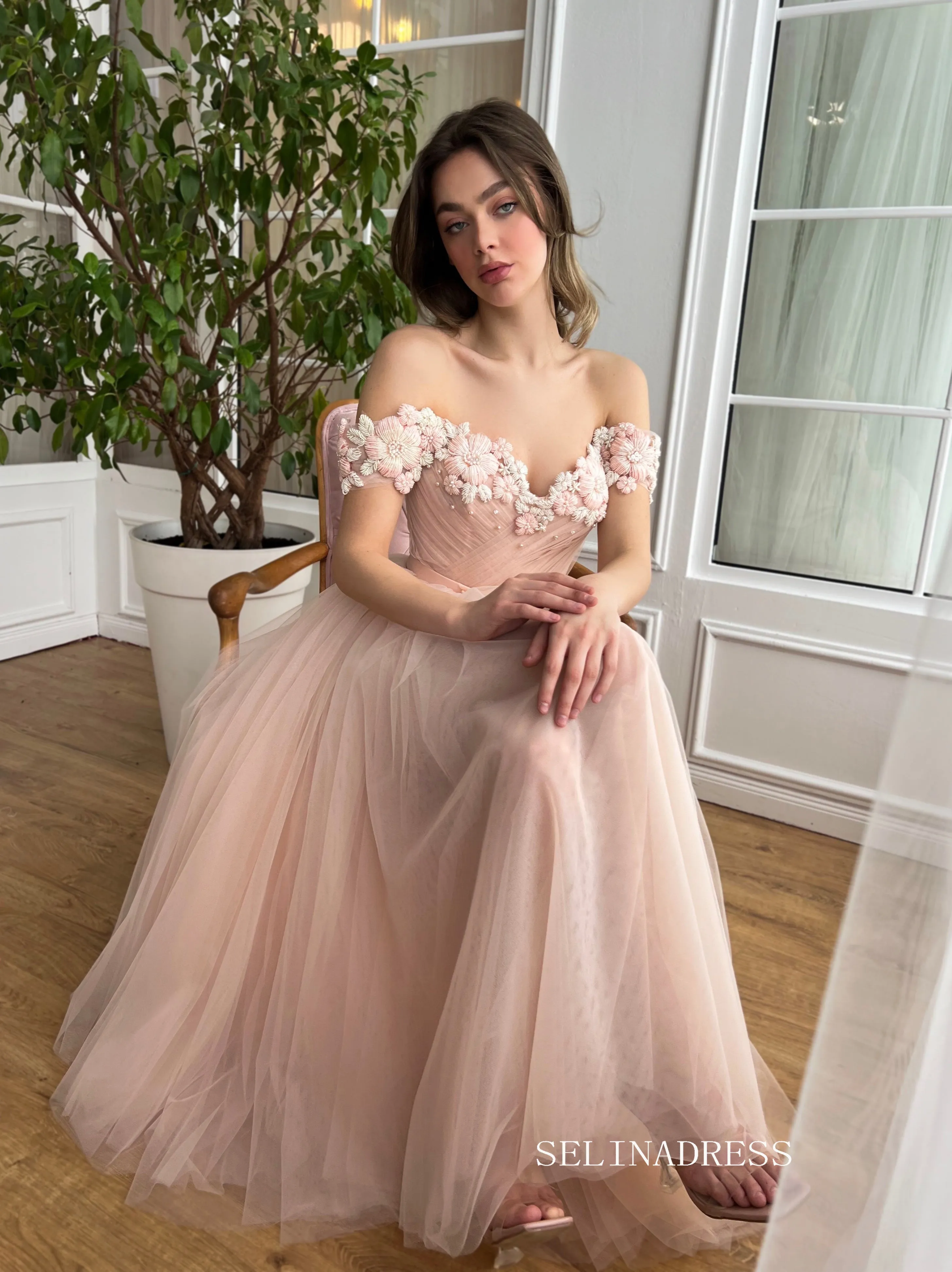 Dusty Pink Off-the-shoulder Midi Prom Dress Beaded Flower Tulle Party Dress JKL3130