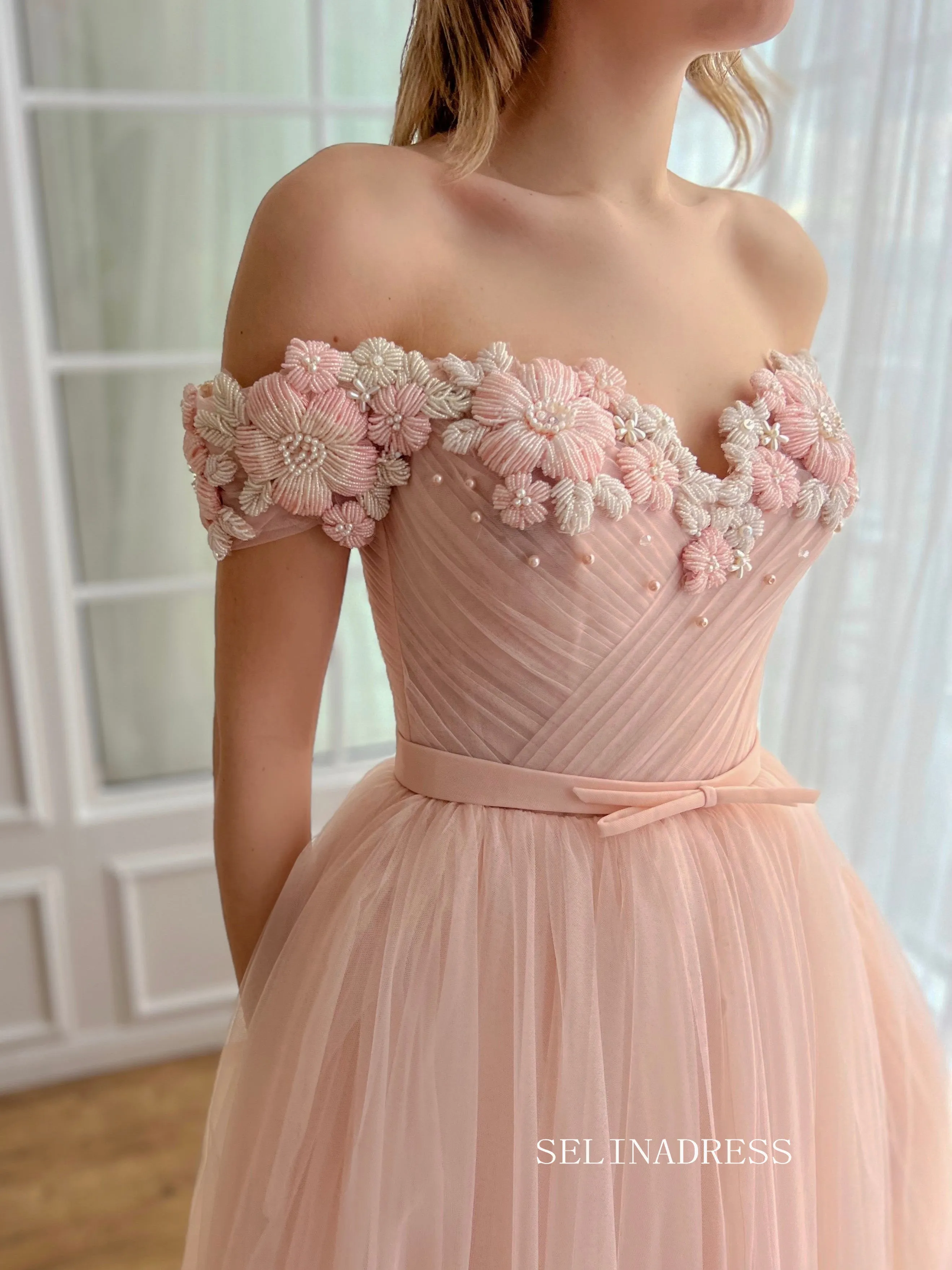 Dusty Pink Off-the-shoulder Midi Prom Dress Beaded Flower Tulle Party Dress JKL3130