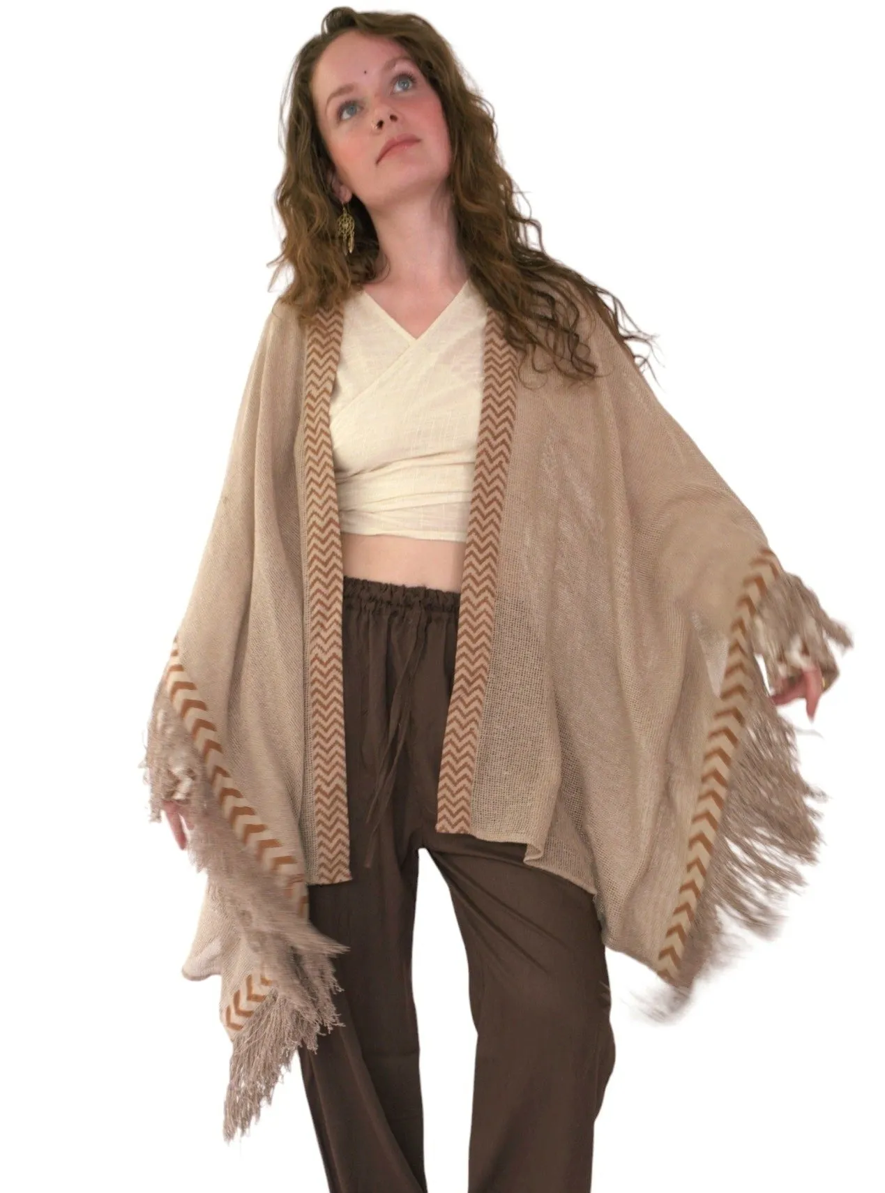 Dusty Rose Mesh Open Poncho with Fringe