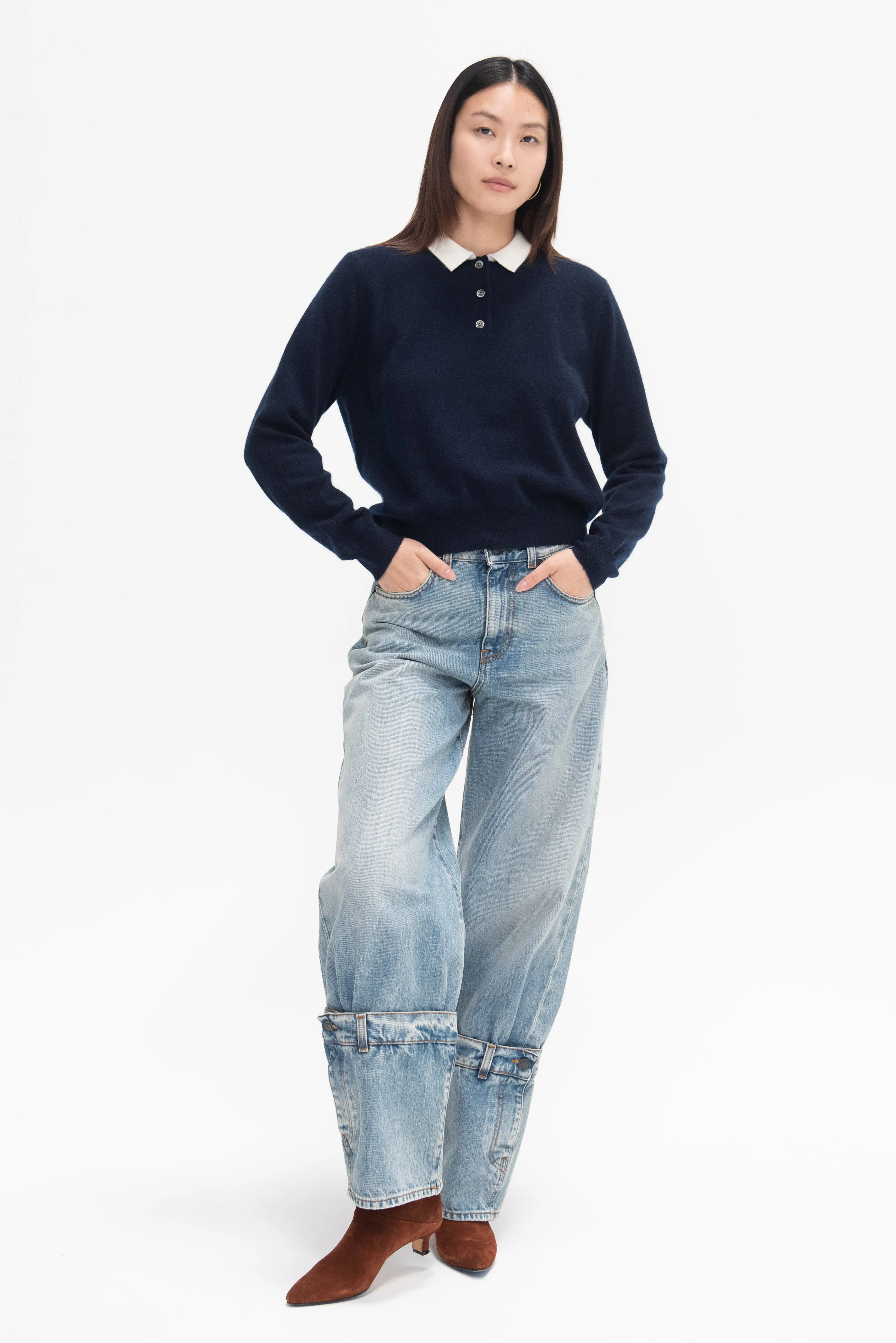 Eden Polo Cashmere Sweater, Navy and Ivory