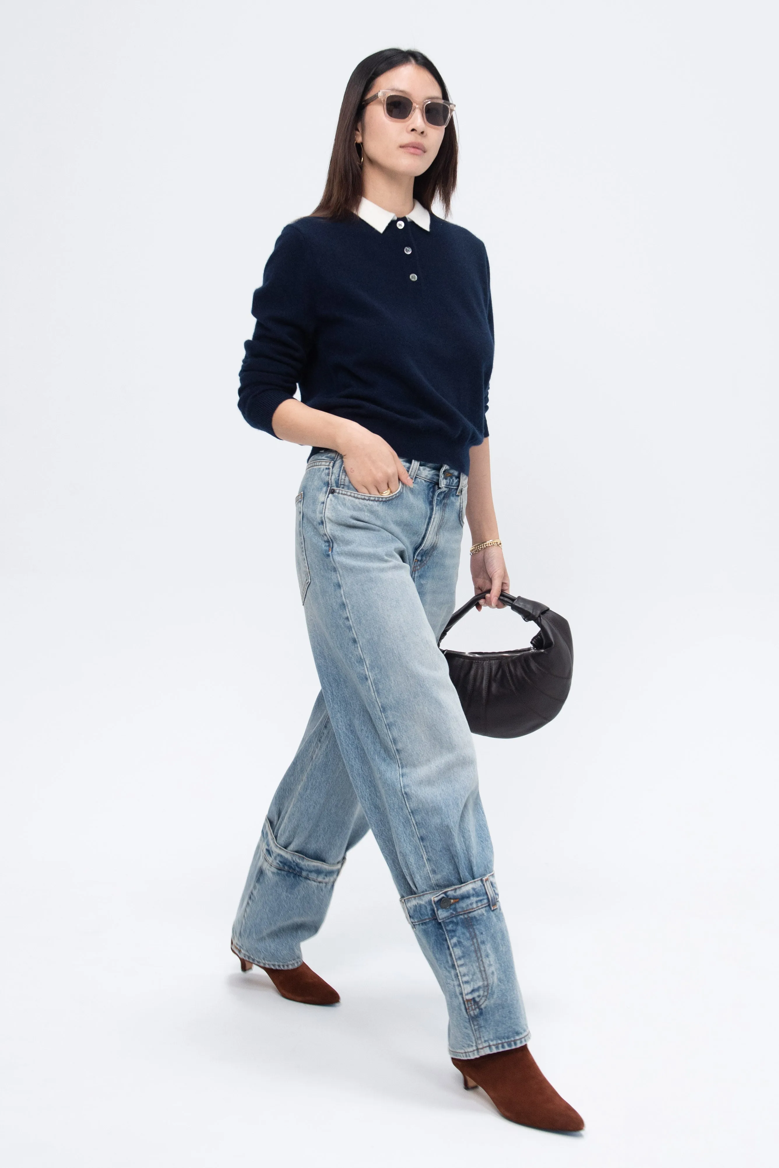 Eden Polo Cashmere Sweater, Navy and Ivory