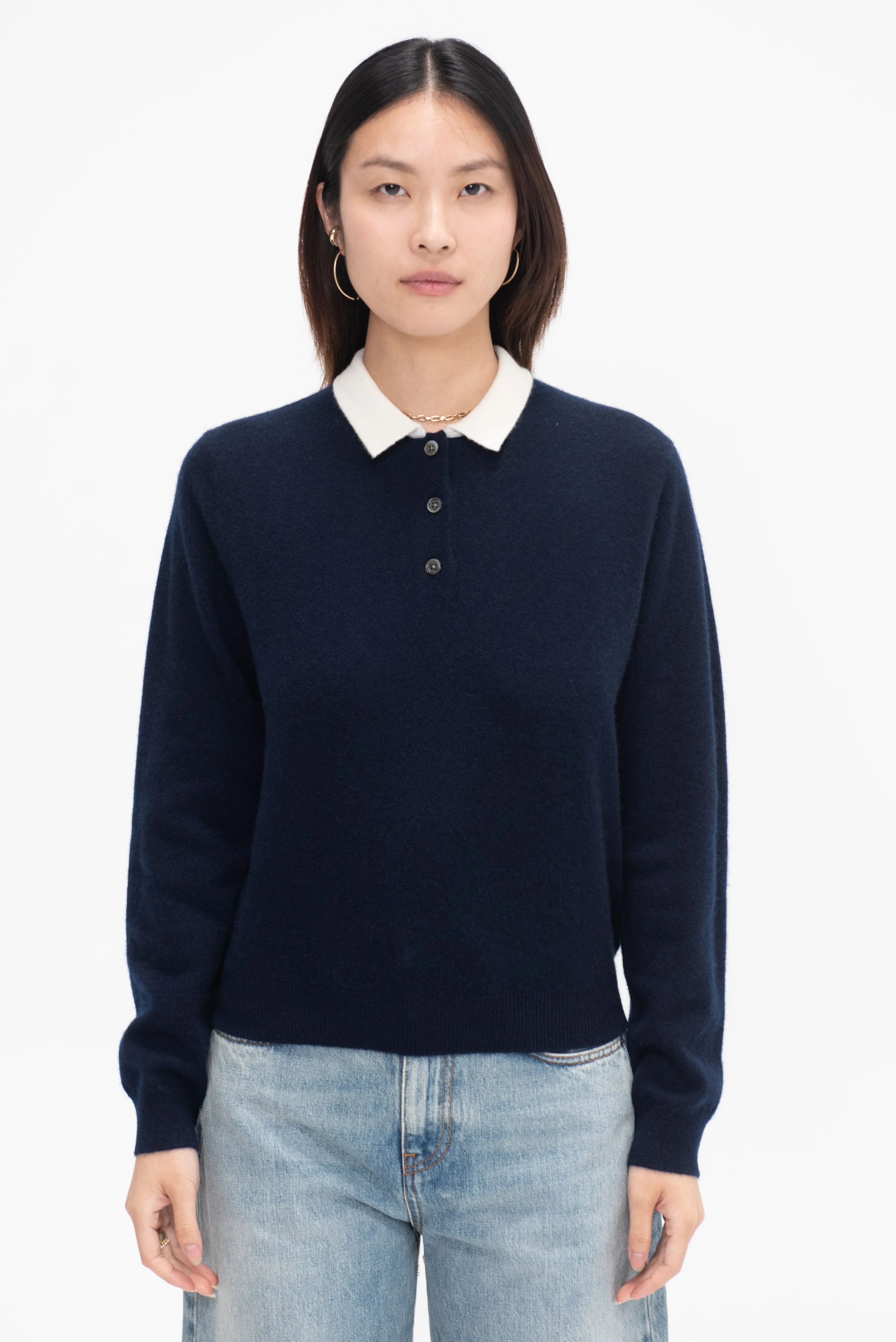 Eden Polo Cashmere Sweater, Navy and Ivory