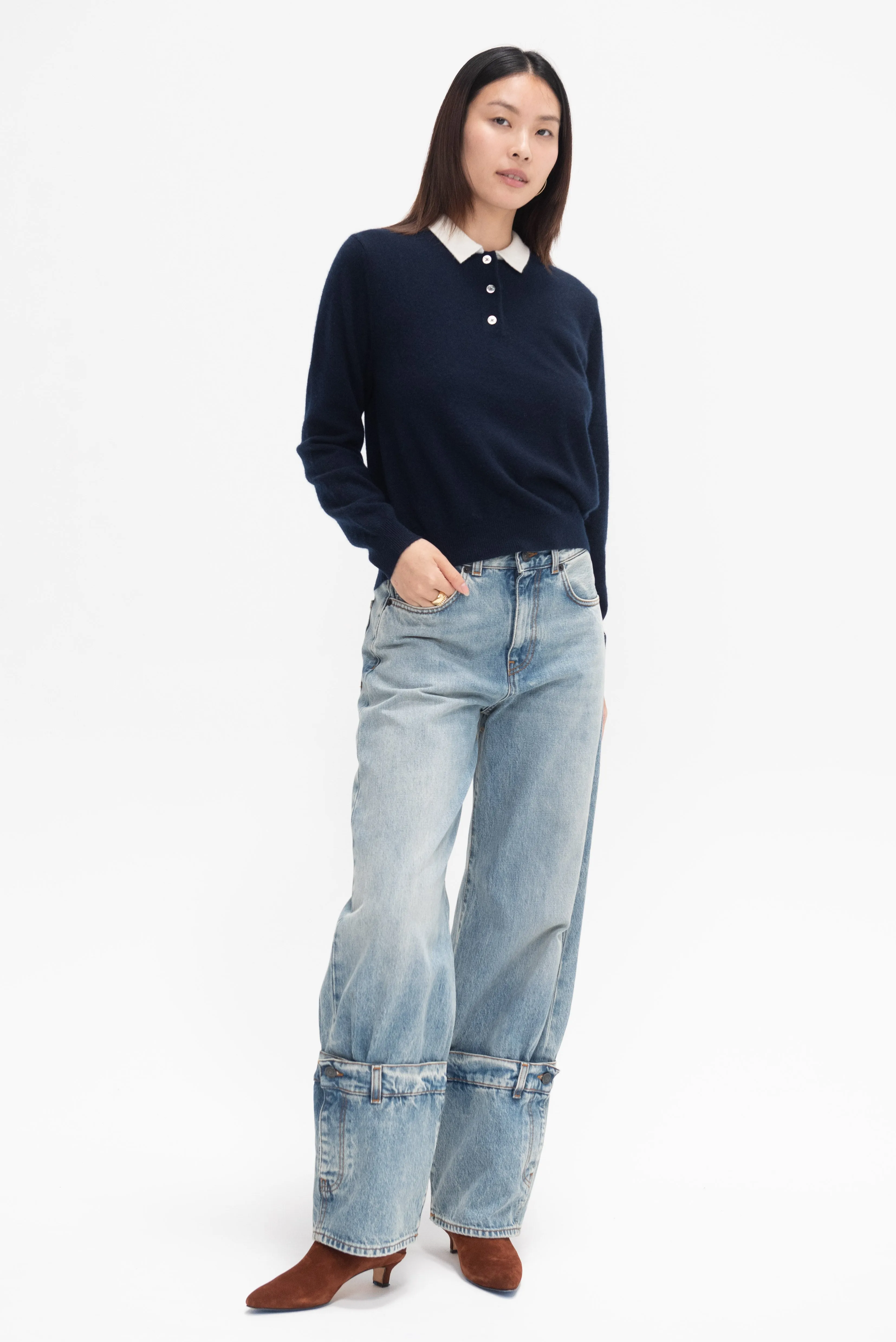 Eden Polo Cashmere Sweater, Navy and Ivory