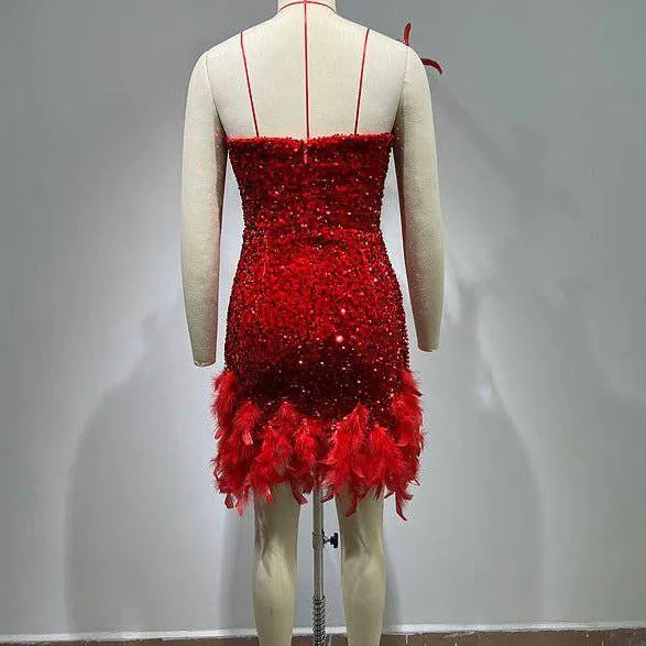 Elanor Strapless Feather Crystal Sequin Mini Dress