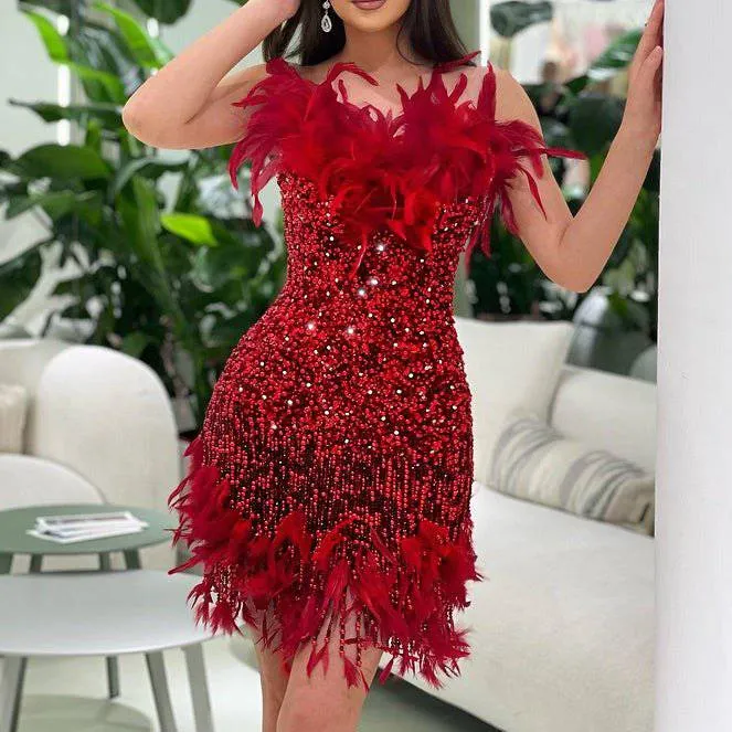 Elanor Strapless Feather Crystal Sequin Mini Dress