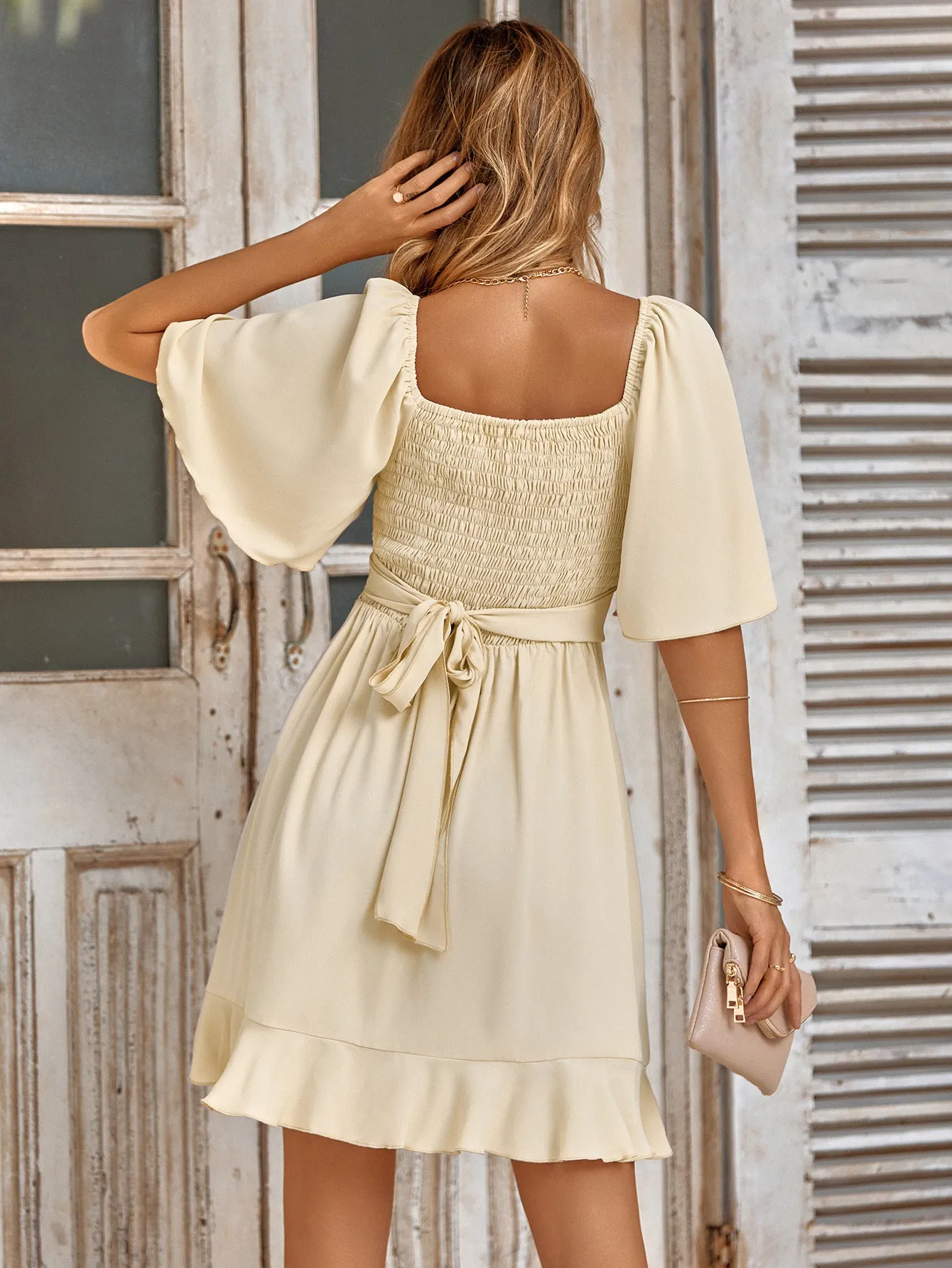 Elegant Flutter Sleeves Cream Wrap Dress