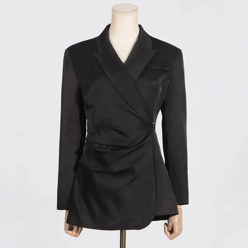 Elegant Patchwork Metal Solid Blazer For Women Notched Collar Long Sleeve Spliced Folds Minimalist Slimming Blazers Female