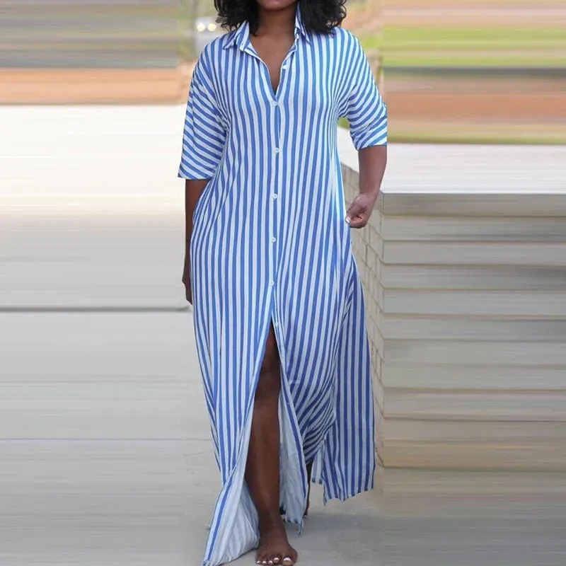 Elegant Striped Shirt Turn-down Collar Half Sleeve Loose Casual Single Breasted Split Party Office Dress