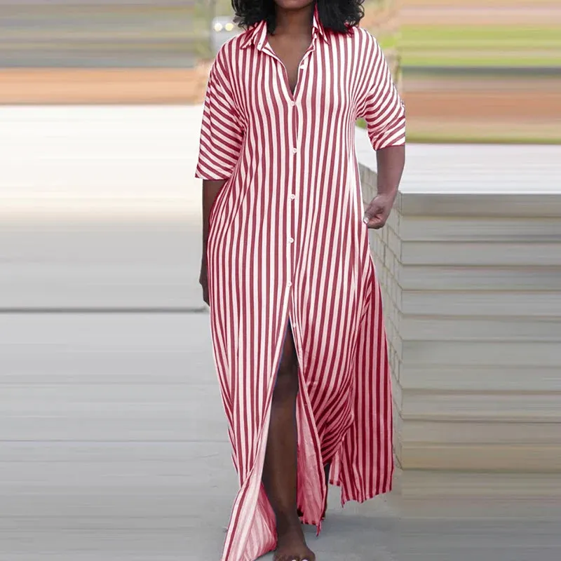 Elegant Striped Shirt Turn-down Collar Half Sleeve Loose Casual Single Breasted Split Party Office Dress