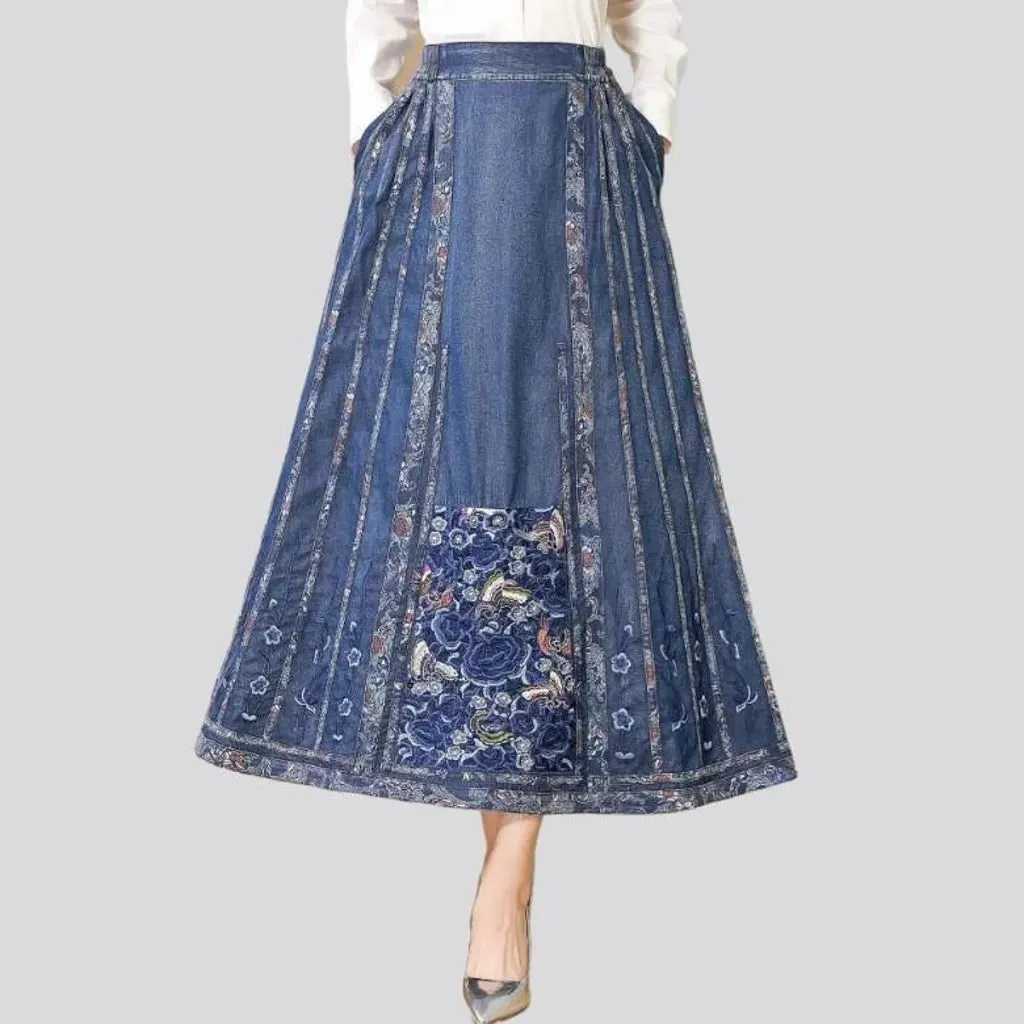 Embroidered boho denim skirt