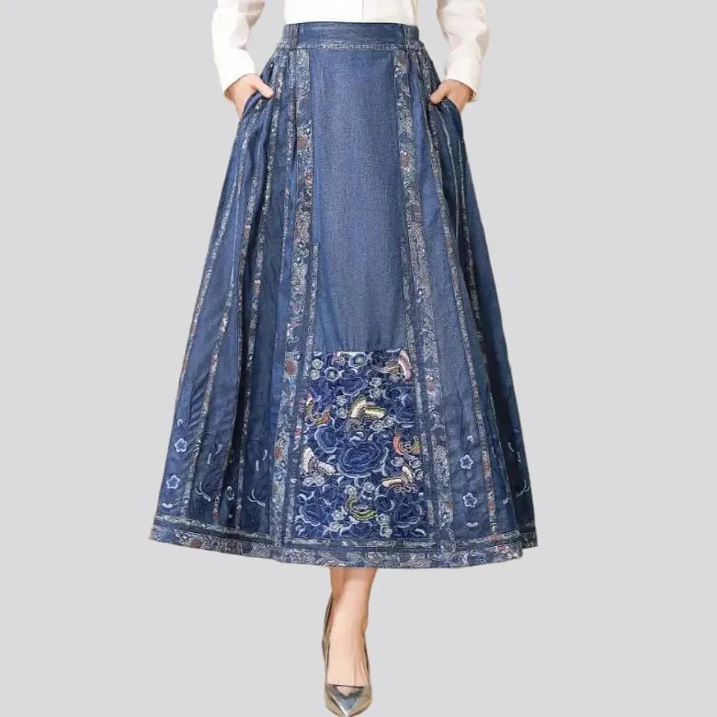 Embroidered boho denim skirt