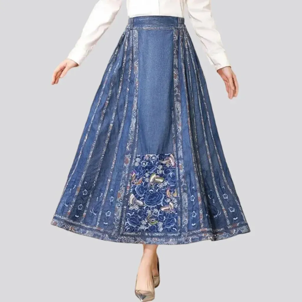 Embroidered boho denim skirt