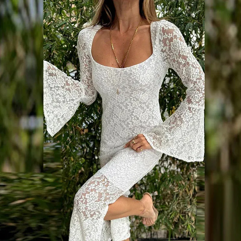 Embroidered Slim Long Elegant Square High Split Casual Flare Summer Lace Dress