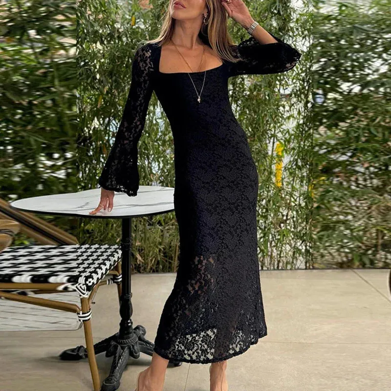 Embroidered Slim Long Elegant Square High Split Casual Flare Summer Lace Dress