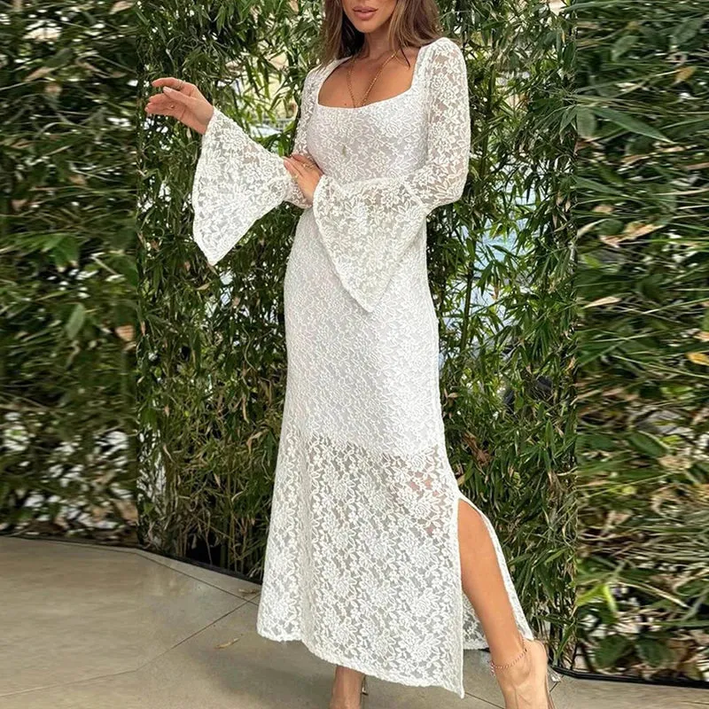 Embroidered Slim Long Elegant Square High Split Casual Flare Summer Lace Dress