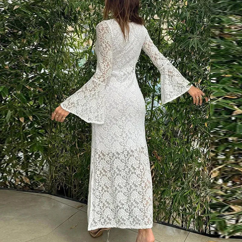 Embroidered Slim Long Elegant Square High Split Casual Flare Summer Lace Dress