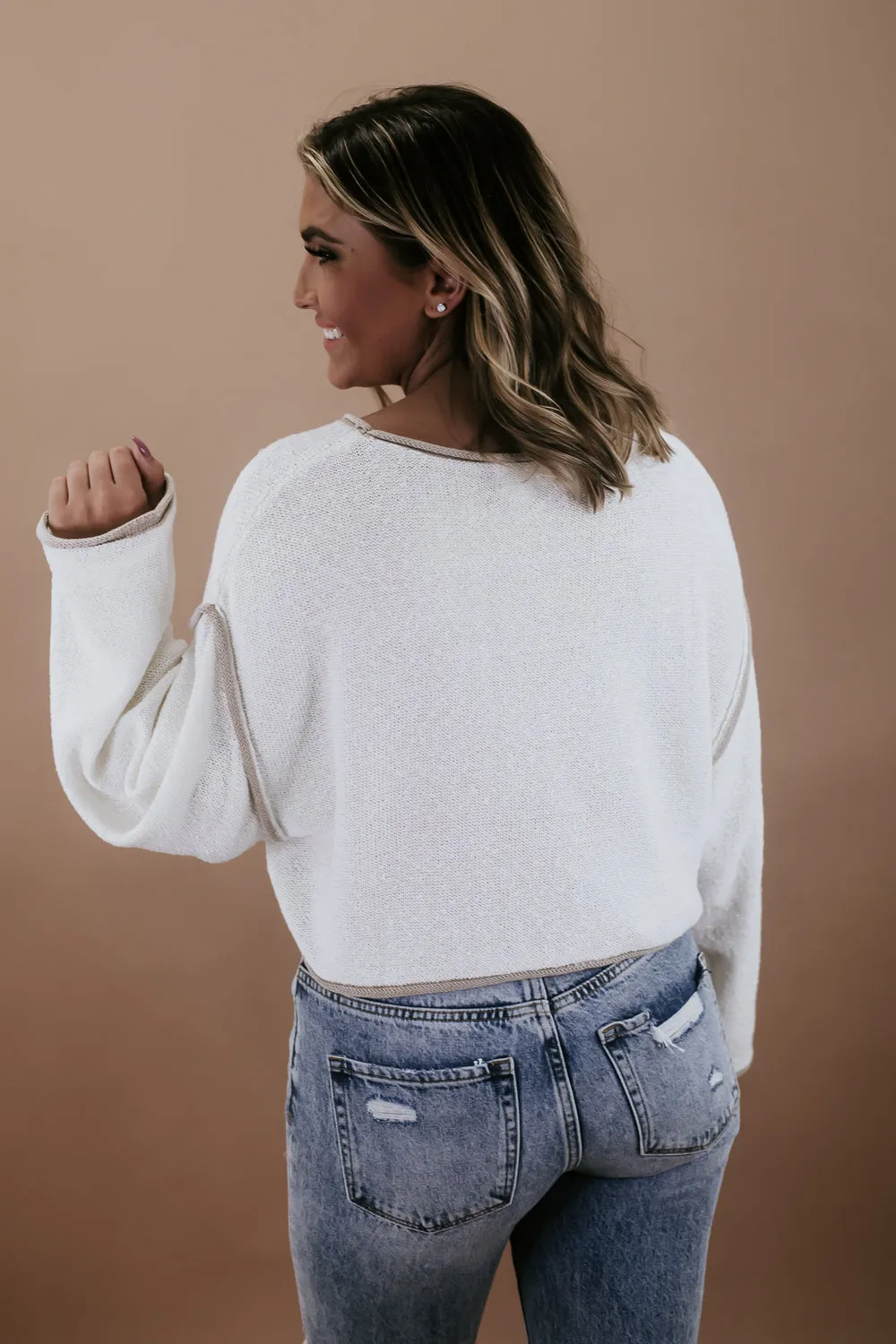 Exposed Seam Crop Sweater, Cream