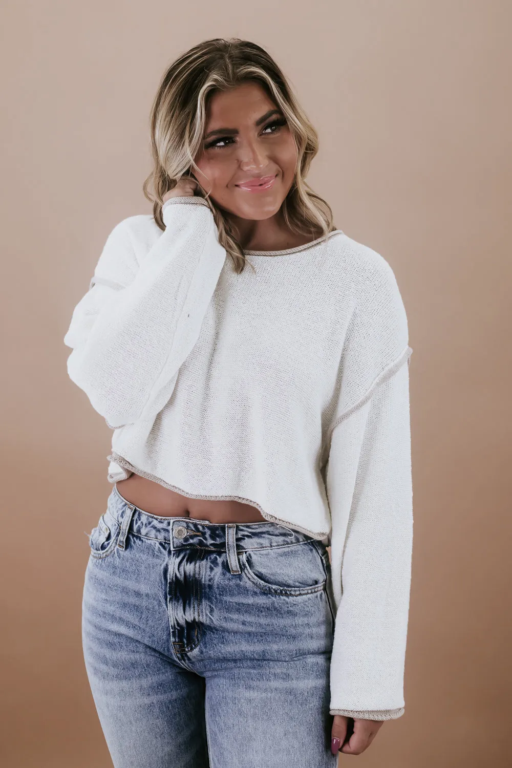 Exposed Seam Crop Sweater, Cream