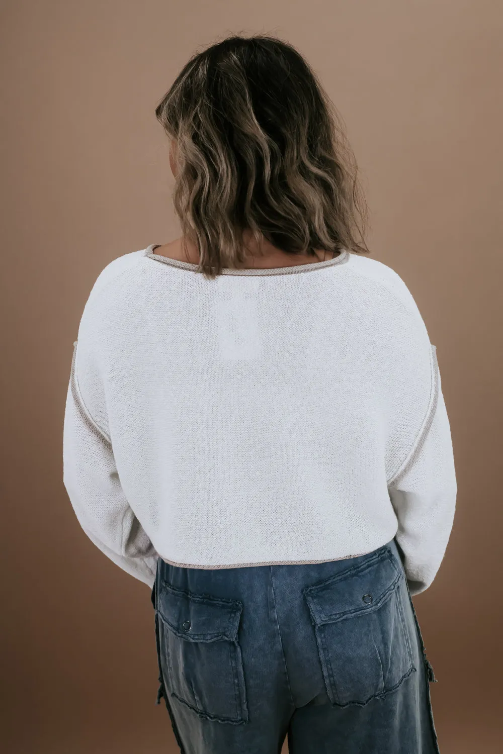 Exposed Seam Crop Sweater, Cream