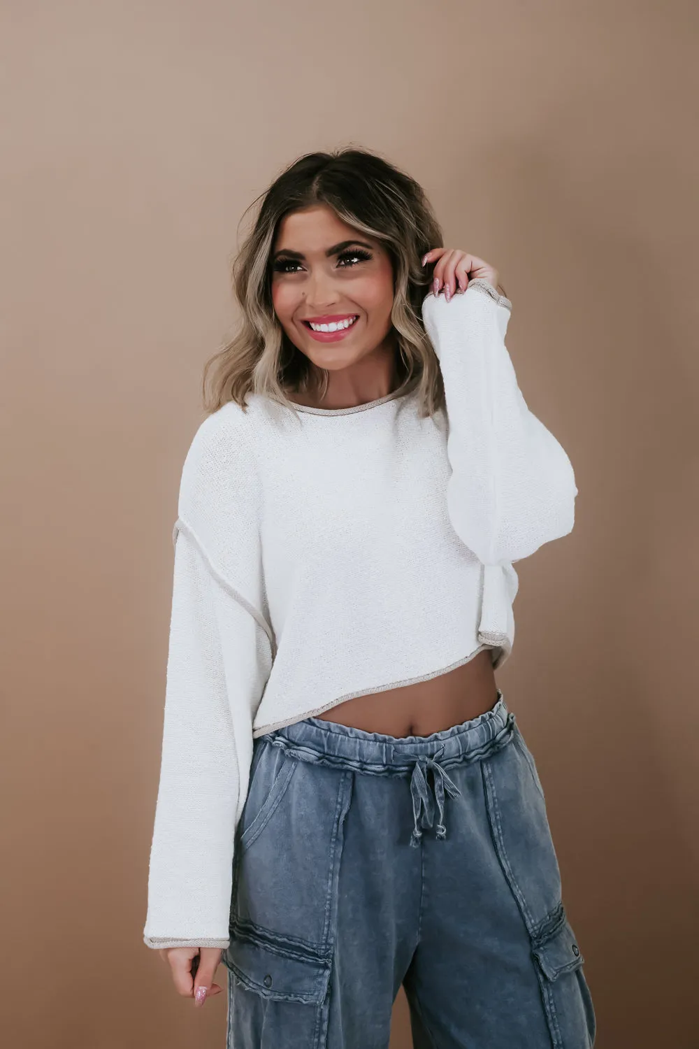 Exposed Seam Crop Sweater, Cream