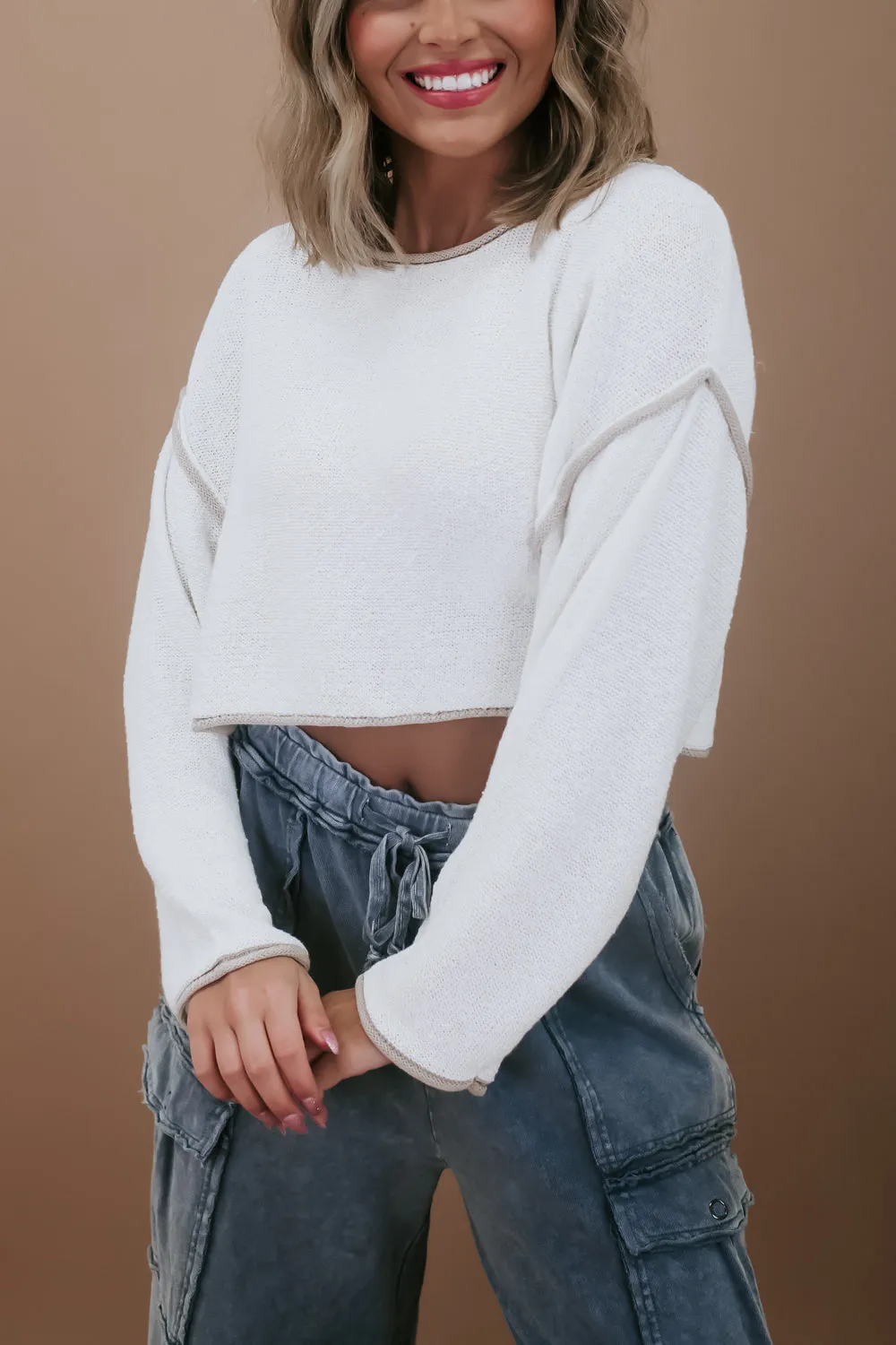 Exposed Seam Crop Sweater, Cream