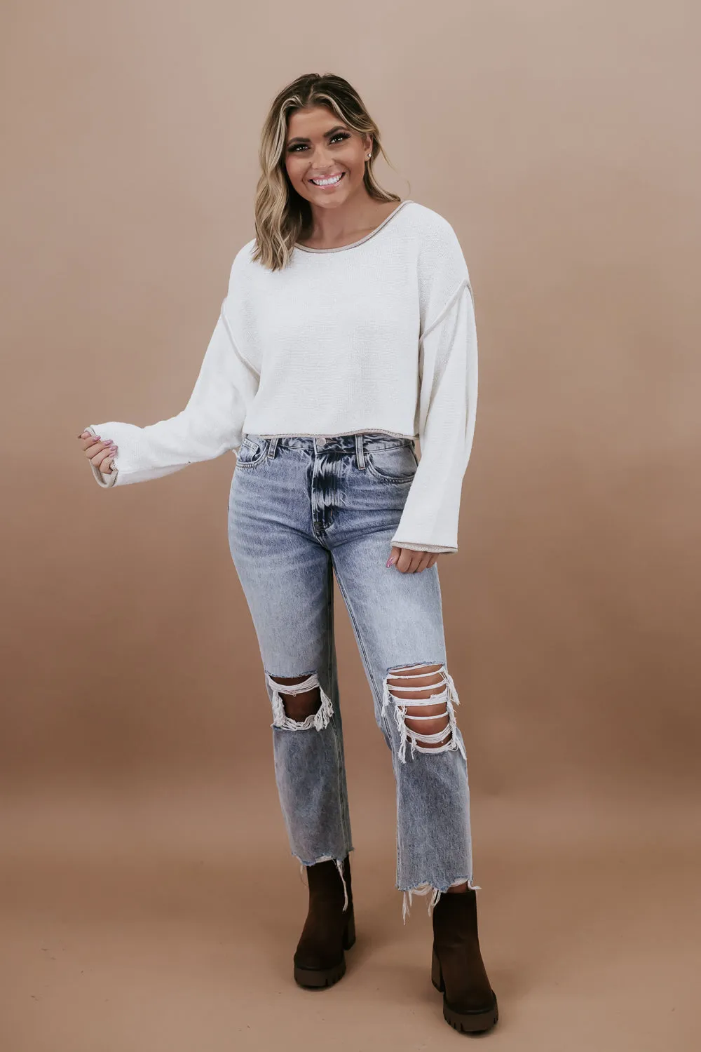 Exposed Seam Crop Sweater, Cream