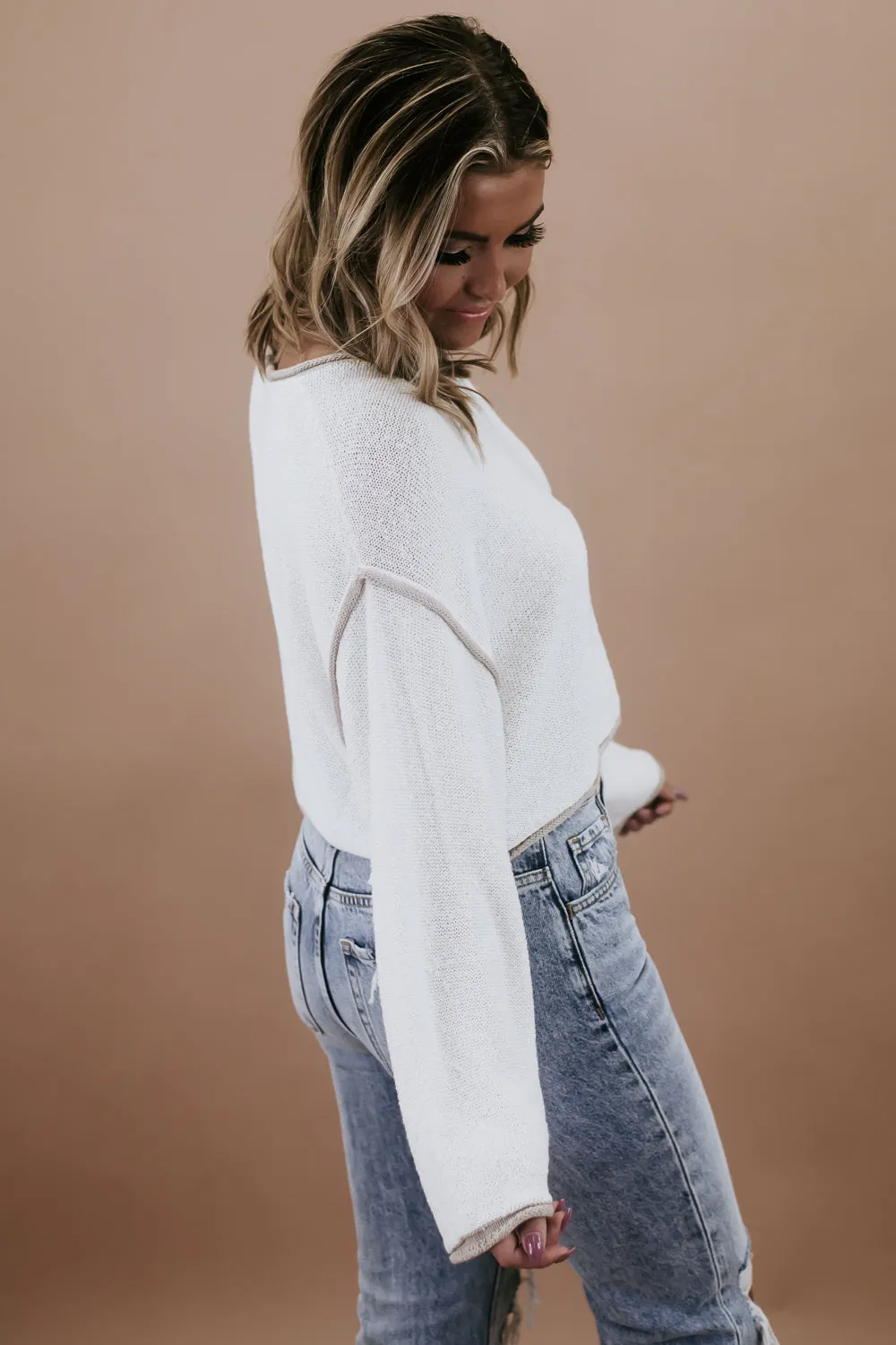 Exposed Seam Crop Sweater, Cream