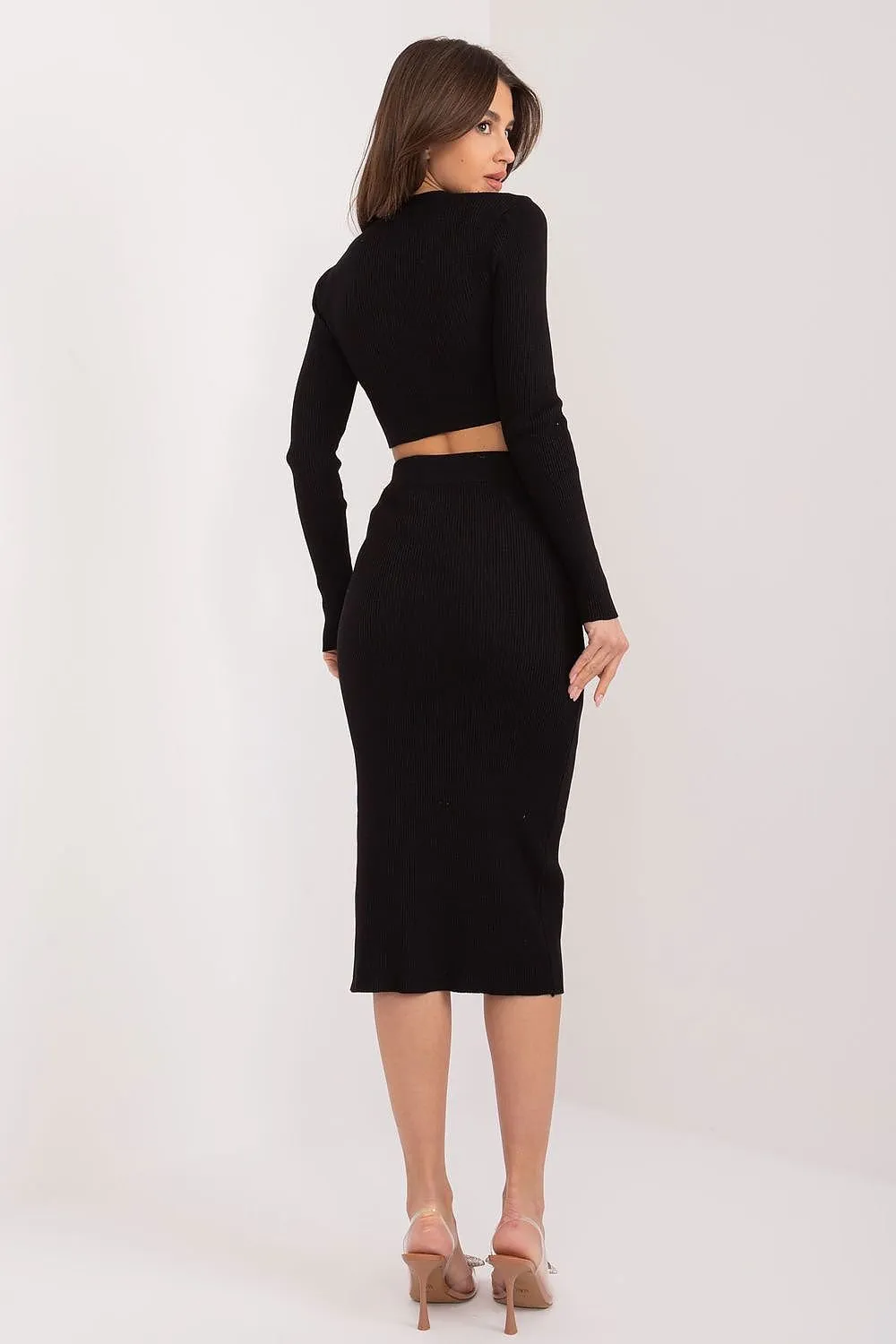 Factory Price Ribbed Cropped Sweater And Button Accent Midi Skirt Two Piece Set