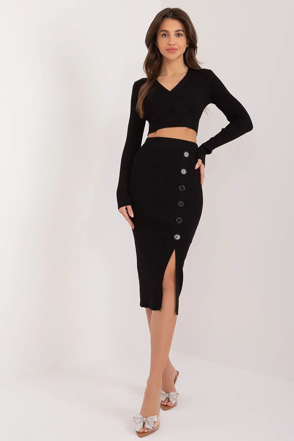 Factory Price Ribbed Cropped Sweater And Button Accent Midi Skirt Two Piece Set