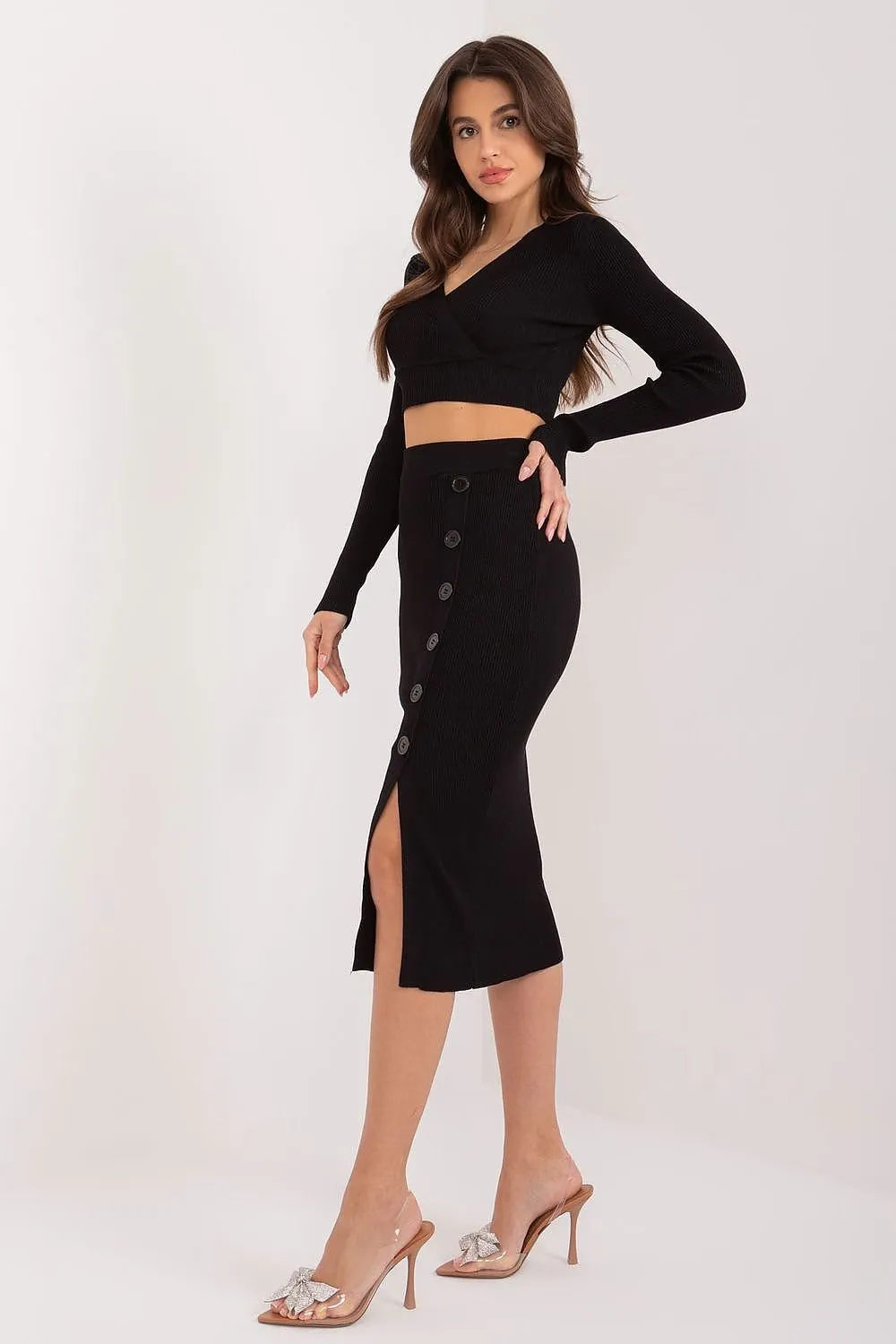 Factory Price Ribbed Cropped Sweater And Button Accent Midi Skirt Two Piece Set